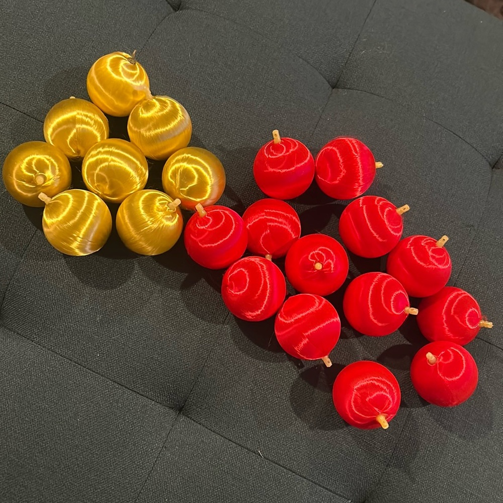 Vintage silk satin thread Christmas tree ornaments, 21 pieces, red & gold